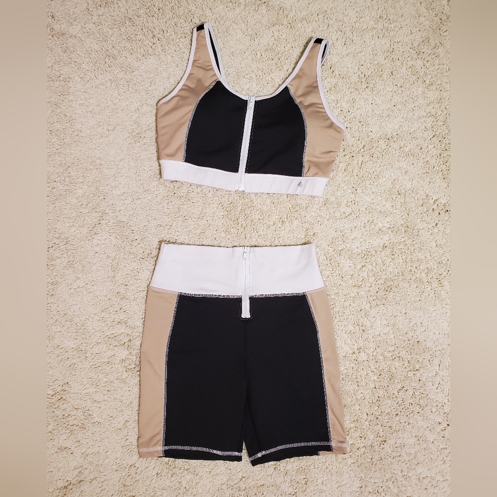 CALI SPORT Women Shorts Sports Bra Top Black Tan White 2pc Gym Outfit Athletic - Picture 15 of 16